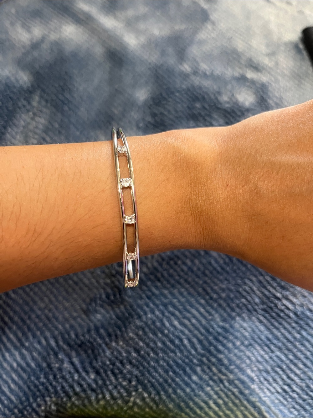 Silver Link Bangle Bracelet with Sparkling Accents